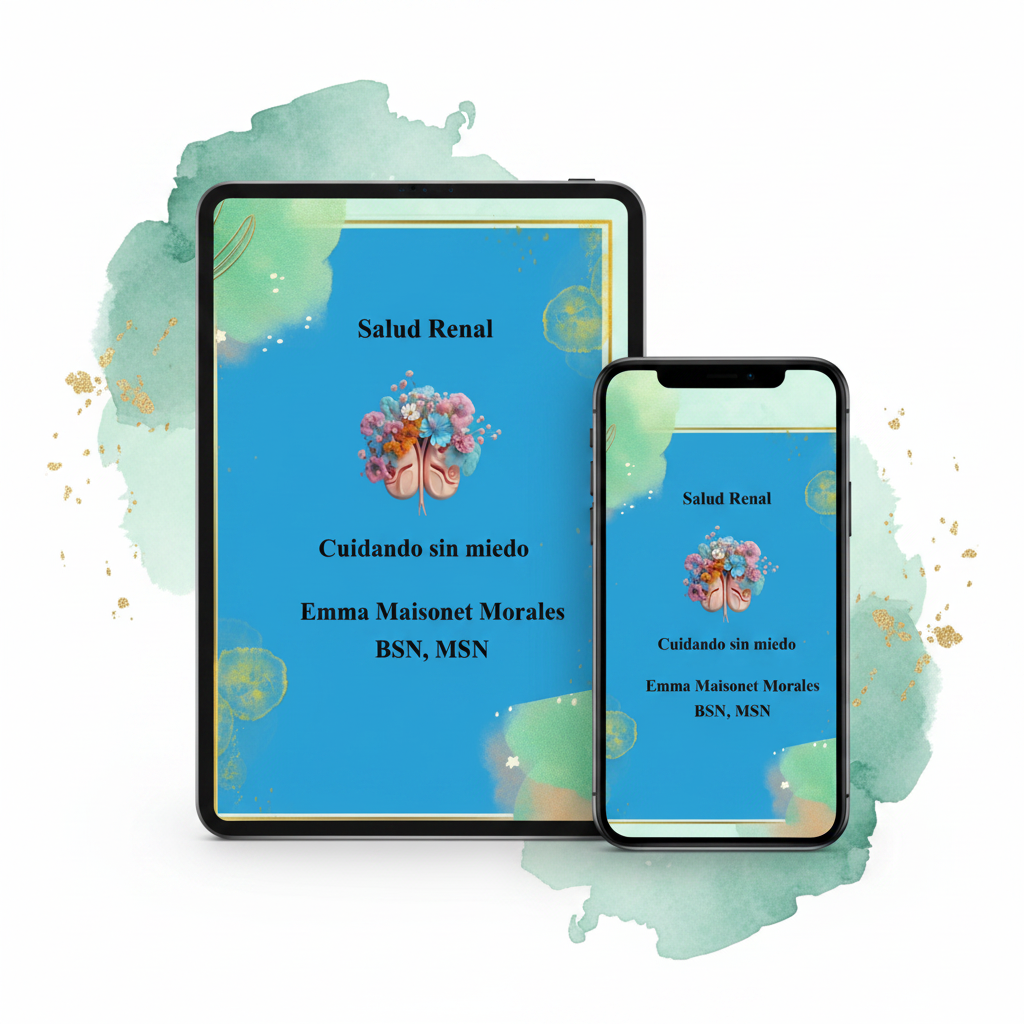 Mockup del ebook Salud Renal en tablet y teléfono