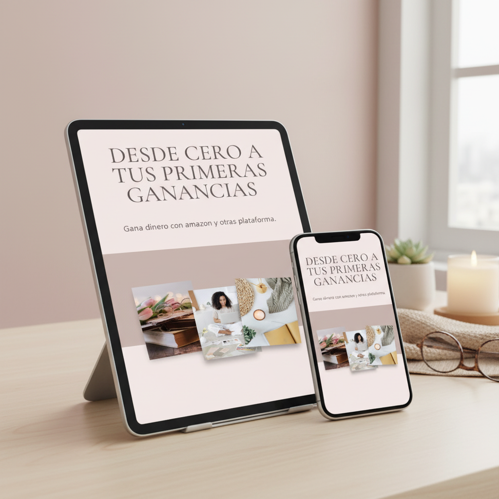 Mockup del ebook Desde Cero a Tus Primeras Ganancias en tablet y teléfono